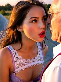 An old man's bulging eyes lock onto the 21 year old woman in purple lingerie