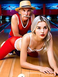 Old man in red pants looks perplexed at the blonde girl wearing lingerie