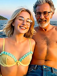 Old man with 60 years of rugged charm sails with young blonde model on boat at dawn