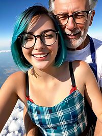 An elderly man with a bad haircut skydives with an 18 year old in plaid lingerie