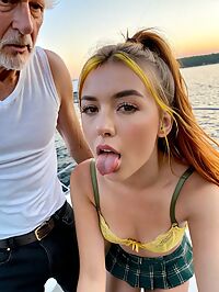 An 85 year old man gazes at a young woman in green lingerie on a twilight yacht
