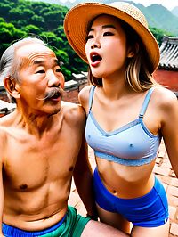 Old man in blue shorts hat and mustache looks eager at young woman in lingerie near Terracotta Army